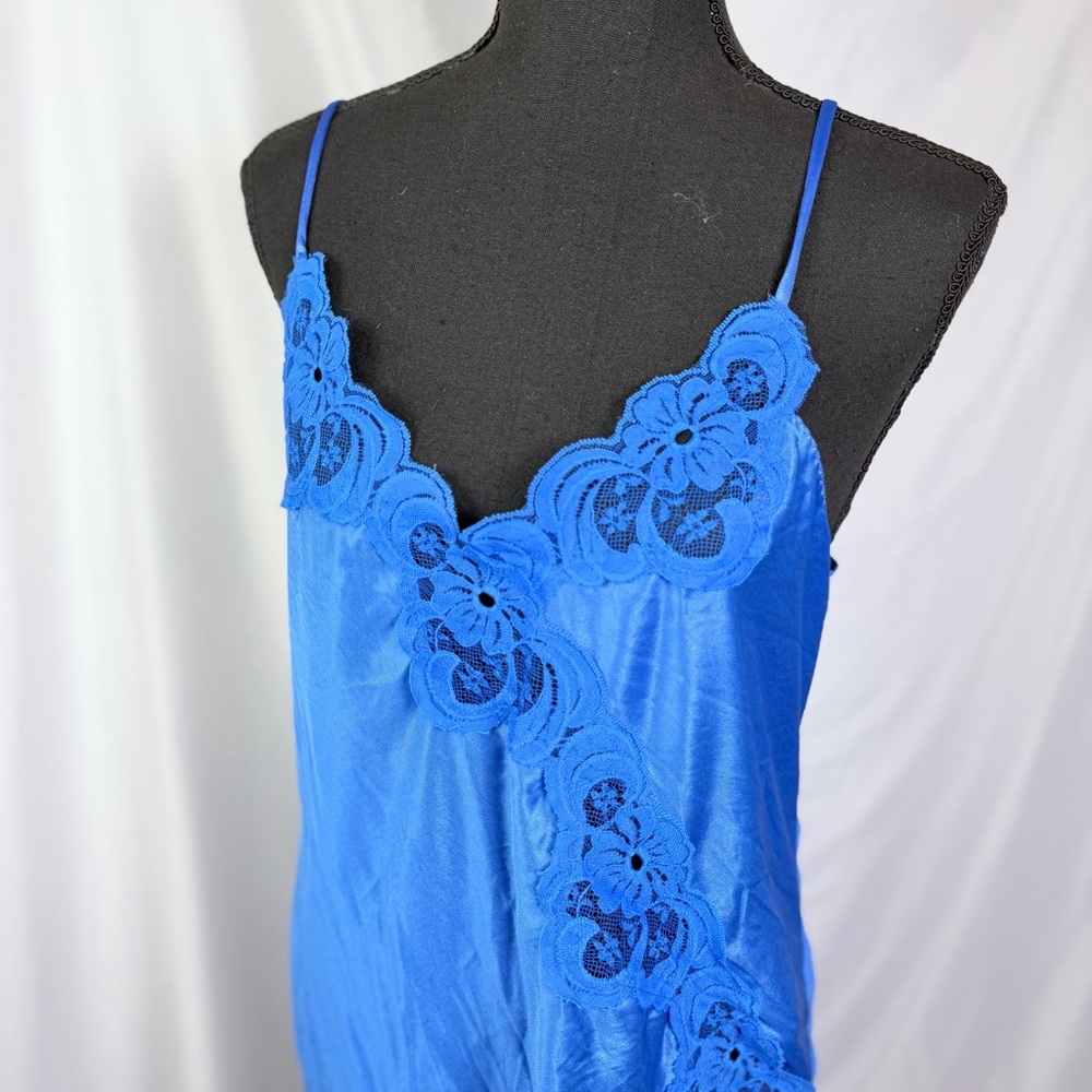 Vintage Janice Lee Blue Lace Trim Slip Nightgown Size L | Fantasy Nightwear - Picture 3 of 10